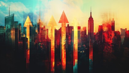 Stunning Night Views Of New York Skyscrapers With Double Exposure Of Arrows And Metaverse Abstract Suggesting Smart City And Global Connectivity.