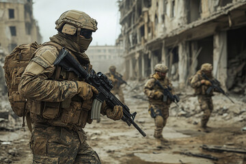 Fototapeta premium Soldier with assault rifle in military uniform is ready for storm in city streets