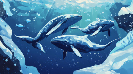 Naklejka premium A serene underwater scene featuring three elegant whales swimming beneath an icy surface, showcasing marine beauty. Arcadia. Illustration