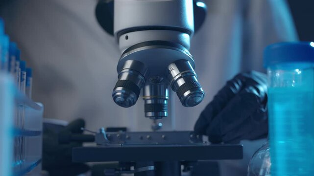 Virologist scientist using microscope in laboratory. Biochemical and medical research. Pharmacist specialist working with lab equipment analyzing samples and searching for vaccine development