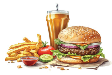 Fastfood set, hamburger, french fies, cola, hand drawn watercolor illustration isolated on white
