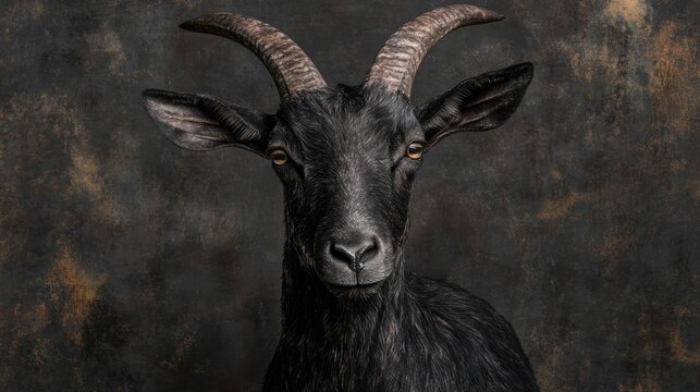 Portrait en gros plan d'une ch&egrave;vre noire aux cornes pro&eacute;minentes sur un fond textur&eacute;.