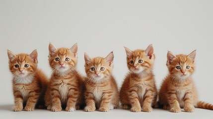 Five adorable orange kittens sit side by side against a neutral background, showcasing their playful expressions, This image is ideal for pet-related content, marketing, or greeting cards,