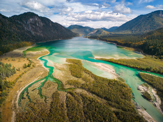 Aerial View of Isar River Delta at Sylvenstein Lake, Bavaria, Germany