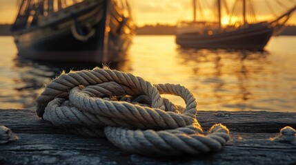 Fototapeta premium wooden cleat and a coiled rope with a ship in harbor