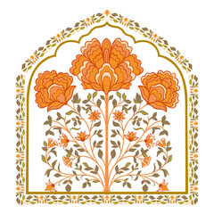 Mughal decorative ornamental floral. Vintage intricate traditional mughal style with flowers and foliage.
