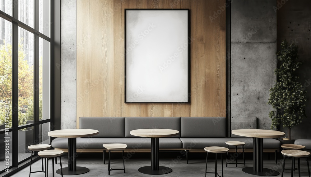 Poster detailed rendering of a vertical framed poster in a café setting with large windows, gray and wooden