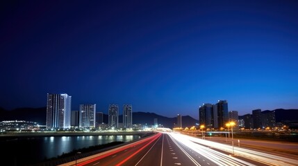 Obraz premium A nighttime cityscape with illuminated buildings and light trails from moving vehicles.