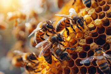 bees on honeycombs in the process of collecting honey.