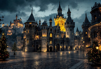 Fototapeta premium A medieval castle with ornate towers and spires illuminated at night, surrounded by a cobblestone plaza in a city setting