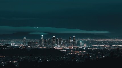 Obraz premium A nighttime skyline view of a city illuminated by lights against a dark backdrop.