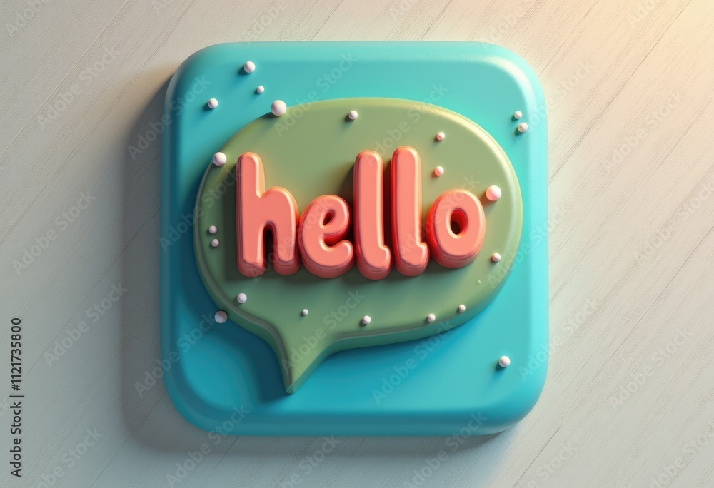 Poster a 3d rendered image of a speech bubble with the word 'hello' in pink letters.