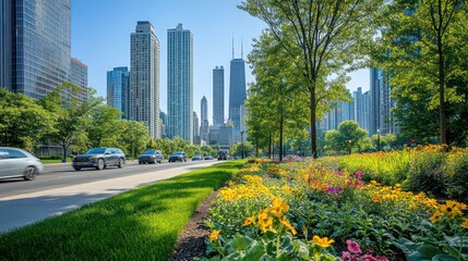 Obraz premium City street lined with colorful flowers and skyscrapers.