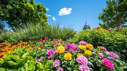 A tranquil garden scene showcasing a rich tapestry of colorful flowers in full bloom, interspersed with verdant foliage and gently swaying grasses. A crystal-clear blue sky above adds to the serene