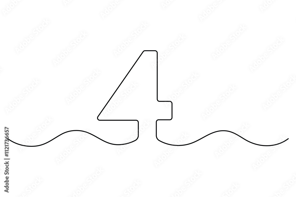 Poster number four continuous one line drawing of number 4. editable one line drawing of number 4 icon. vec