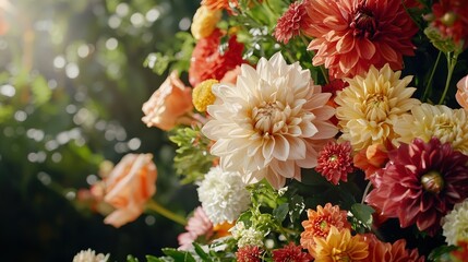 A close-up of delicate petals of various flowers clustered together, captured with a soft-focus background of greenery, allowing the vibrant colors to pop. Sunlight adds a natural glow, enhancing the