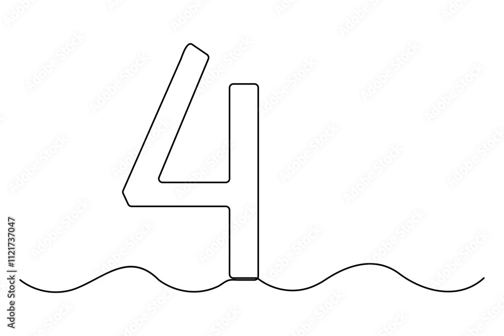 Poster number four continuous one line drawing of number 4. editable one line drawing of number 4 icon. vec