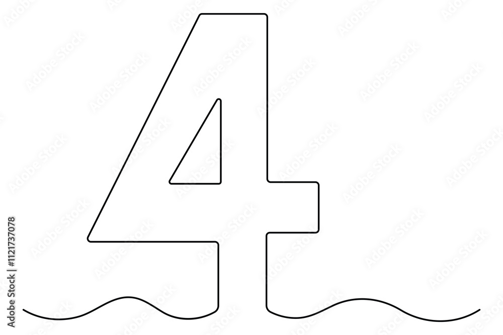 Poster number four continuous one line drawing of number 4. editable one line drawing of number 4 icon. vec