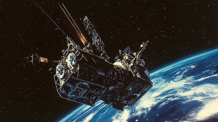 Orbital cleanup illustration depicting a futuristic spacecraft removing debris from Earth's orbit, emphasizing the importance of space sustainability and environmental responsibility.