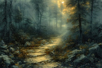 Obraz premium morning forest landscape with fog, illuminated by soft light penetrating through the trees and a rocky path leading deep into the forest.