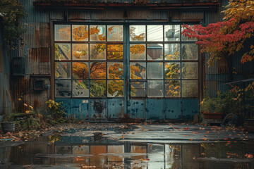 an abandoned building with plants twisted around it. An old metal door and windows overlooking the...