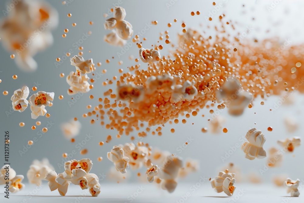 Poster exploding popcorn kernels and fluffy popcorn pieces in mid-air against a light gray background.