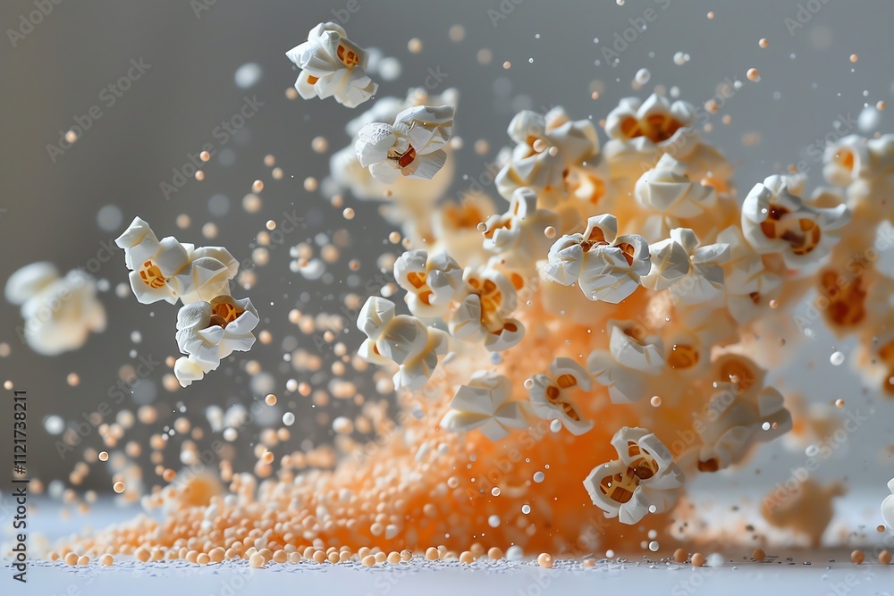 Poster exploding popcorn kernels in mid-air, suspended above a pile of unpopped kernels.