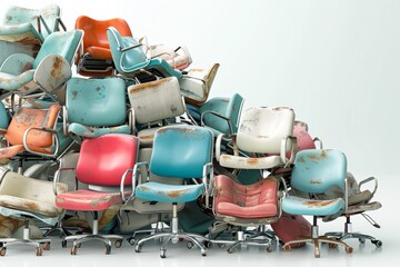 A chaotic pile of vintage office chairs in various colors and textures showcases a blend of retro style and wear, This image can be used for articles about design, recycling, or office decor trends,