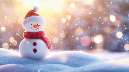 Fototapeta premium Christmas Winter Background With a Cute Snowman on Snowy Ground Surrounded by Glowing Festive Lights