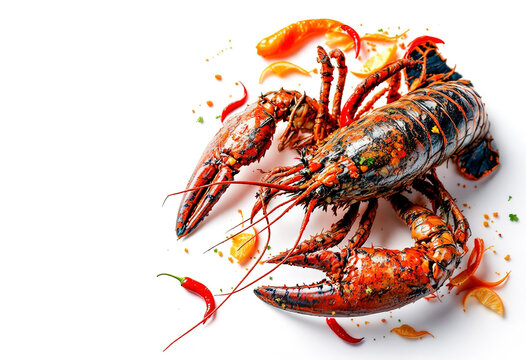 Top view a boiled spiny lobster with campot pepper isolated on white background