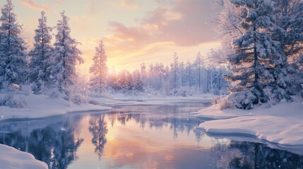 Fototapeta premium Watercolor Landscape of a Snowy Cabin in a Winter Forest With a Golden Sunset Creating a Warm and Serene Atmosphere
