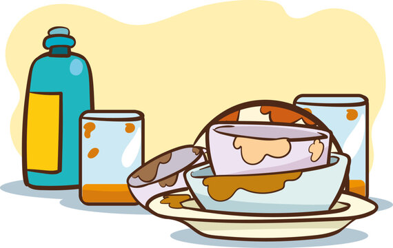 Vector Illustration Showing a Kitchen Counter Full of Dirty Dishes