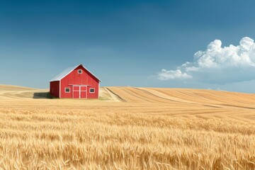 A vibrant red barn stands amidst golden wheat fields under a bright blue sky, creating a picturesque rural scene suitable for agricultural themes, travel publications, or farm-related marketing,