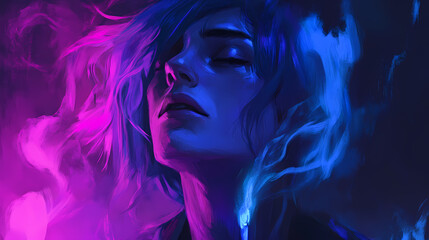 This engaging portrait features a figure with vivid neon blue and purple hair accents that flow and twist like smoke. their expression is serene yet introspective harmonizing. Harmonic. Illustration
