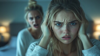 A woman covers her ears in distress as another woman yells behind her.