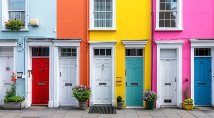 Naklejka premium Colorful row of houses with vibrant doors and flower pots, ideal for showcasing urban architecture, home design, or real estate themes in marketing materials or blogs,