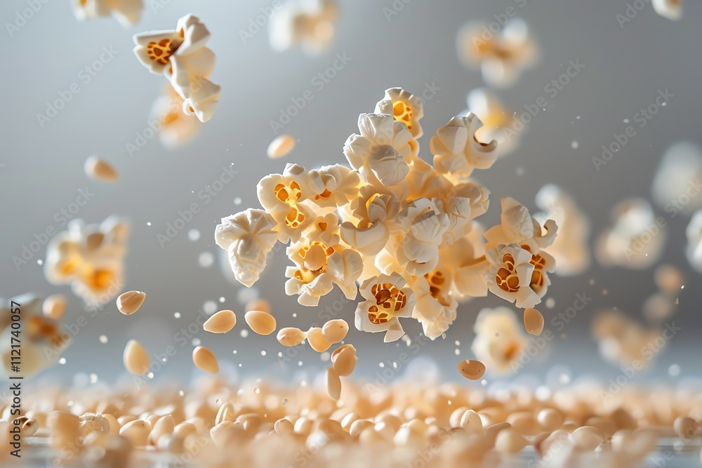 Poster fluffy popcorn kernels exploding mid-air against a grey backdrop.