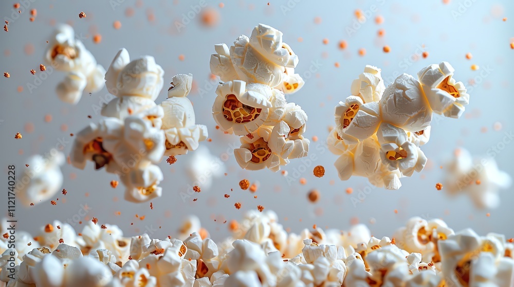 Poster fluffy popcorn kernels exploding in mid-air against a light gray background.