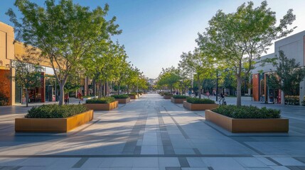 Sunny outdoor mall walkway with trees and planters.