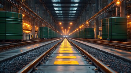 Railway maintenance facility with glowing lights

