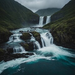 Fototapeta premium A waterfall originating from the mountains and flowing into the ocean.