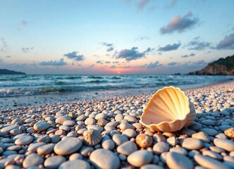 Peaceful beach at sunset with polished marble pebbles and a large clamshell, beach scene, polished marble pebbles