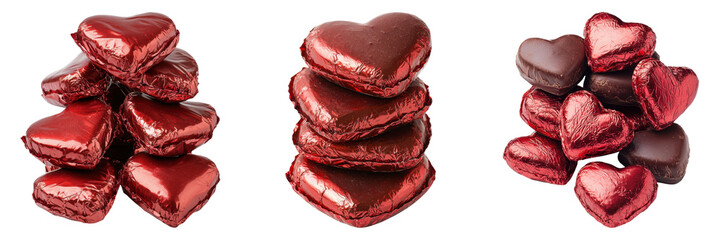 Fototapeta premium valentine heart chocolate. Stack of heart shaped chocolates wrapped red Transparent background