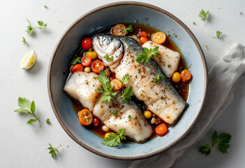 Top view a herring fillet with herbs and spyces in the bowl
