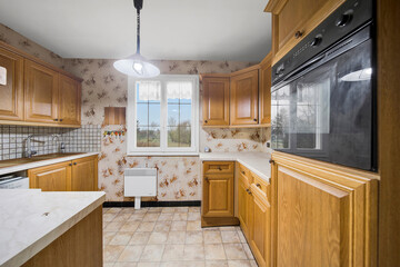 modern kitchen interior with fireplace