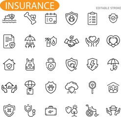 Naklejka premium Insurance Icons Protection, Safety, Security, Risk, Coverage, Policy, Health, Home, Auto, Life