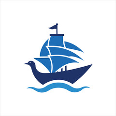 Sailing Ship with Seagull Logo Vector Illustration on white background