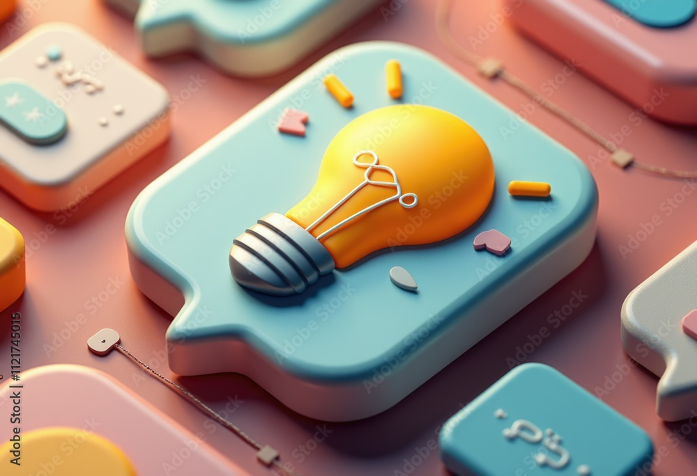 Poster a 3d rendering of a light bulb inside a speech bubble, symbolizing ideas and innovation.