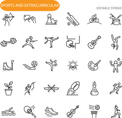 Sports, Activities, Hobbies, Extracurriculars, Icons, Line Art, Activities, Illustrations, Editable,