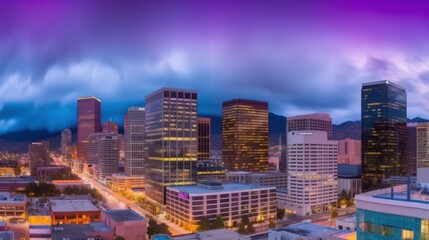 Obraz premium A panoramic view of a city skyline at twilight, showcasing buildings and dramatic clouds.